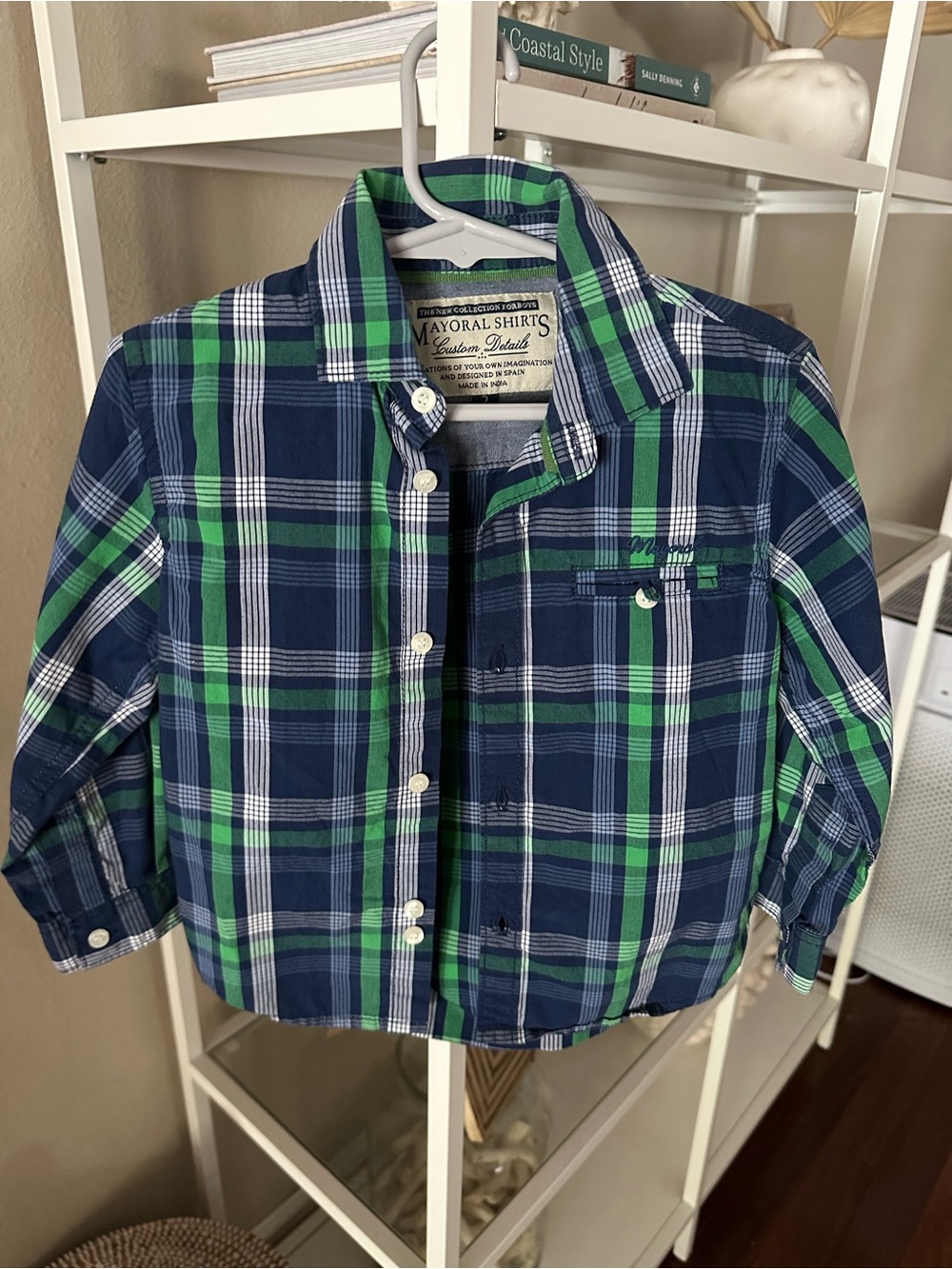 Mayoral Navy, Green & White Plaid Button-Down Shirt Size 2